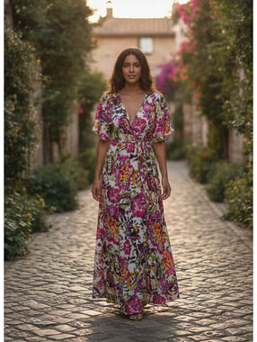 MISA Setareh Cotton Flora Splash Maxi dress XS (fits up to smaller MEDIUM)